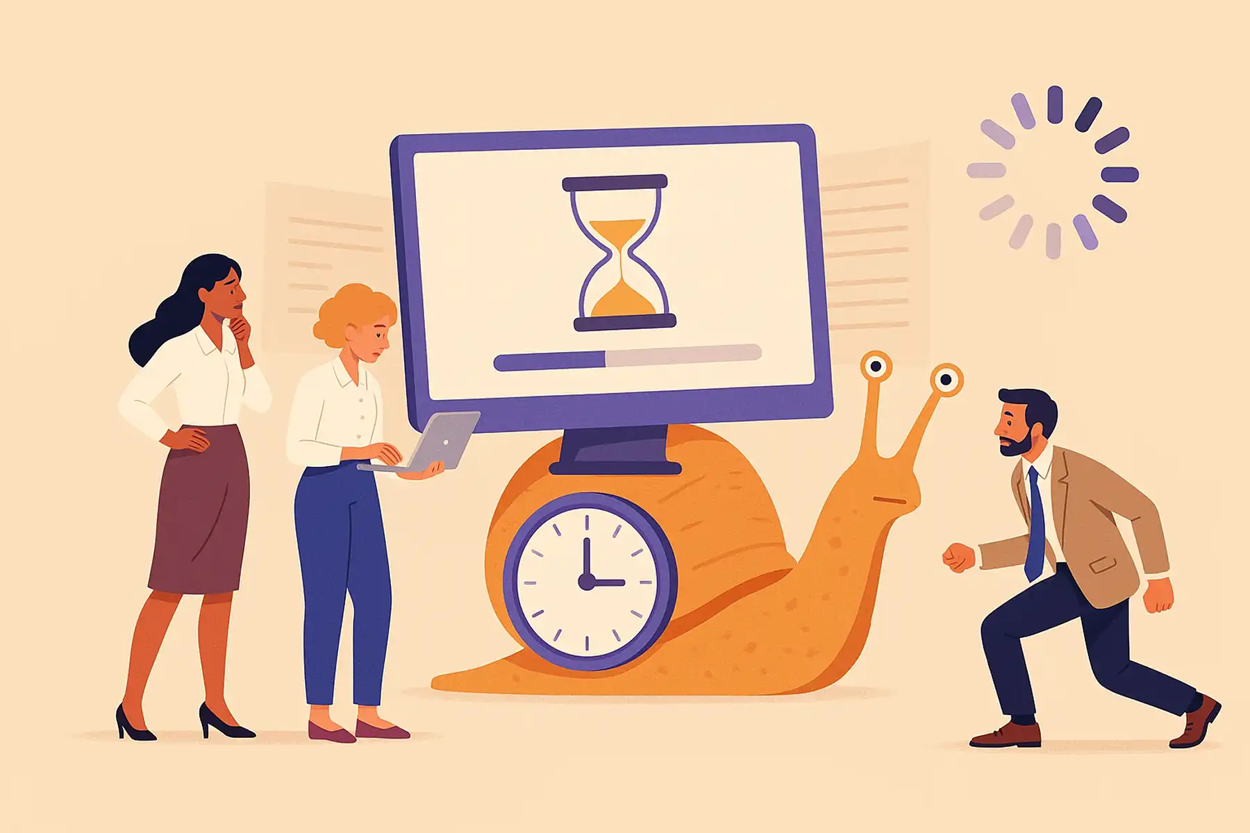 A giant snail holds up a computer monitor that displays an ancient timer that uses sand. Business people stand around it looking confused, as any normal person would be when seeing a giant snail.
