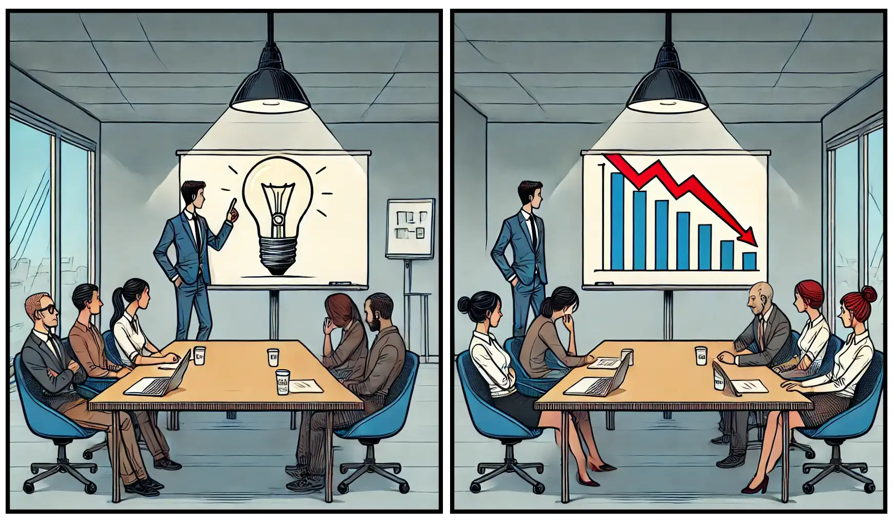 A two-panel comic. The left panel shows a team reviewing an idea together. The left image shows that same team reviewing the negative statistics from implementing their idea.