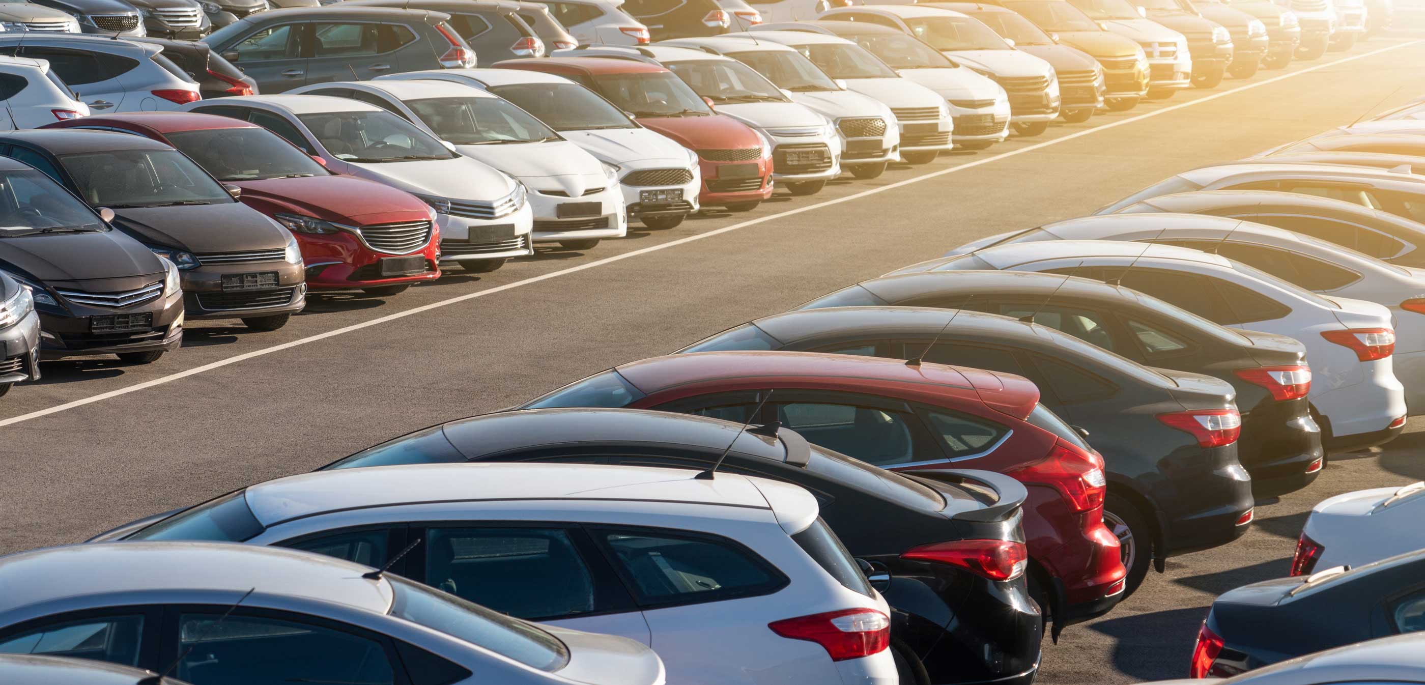 A lot filled with cars at the dealership.